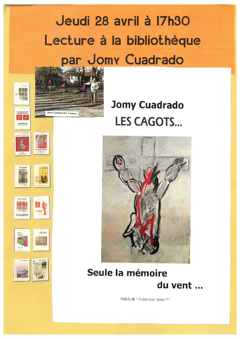 L'auteur Jomy Cuadrado présentera son dernier ouvrage "Les cagots" jeudi 28 avril à 17h30 à la bibliothèque de Félines