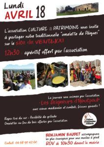 L'association Culture et Patrimoine Félinois vous invite à partager l'omelette pascale lundi 18 avril sur le site de Ventajou