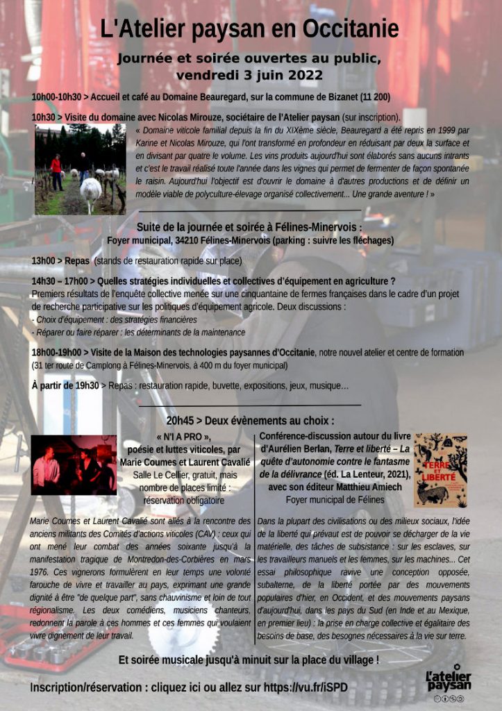 Atelier Paysan en Occitanie : journée et soirée ouverte au public vendredi 3 juin