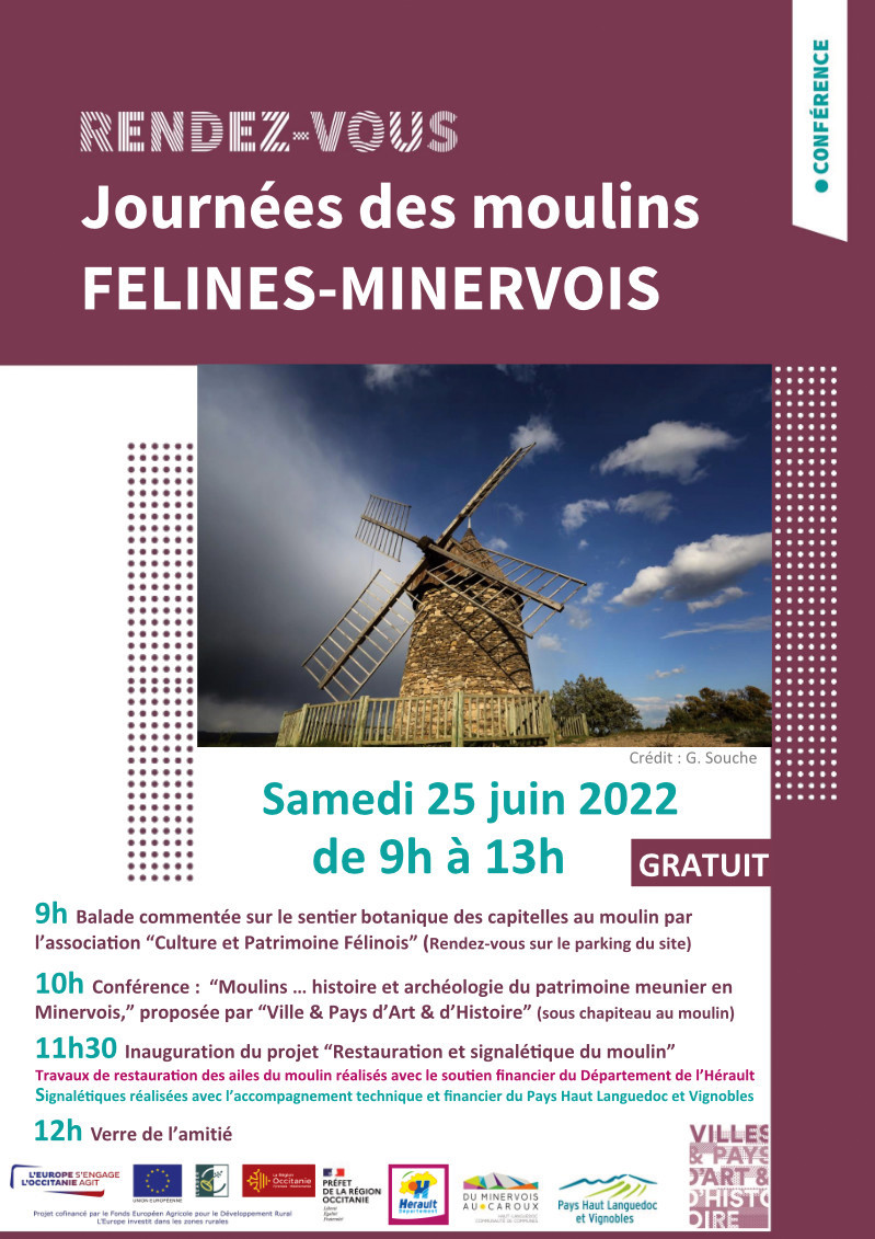 Journée du Patrimoine de Pays et des Moulins et inauguration du projet "Restauration et signalétique du moulin" samedi 25 juin à Félines, rendez-vous directement sur le site