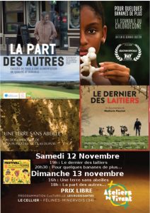 Festival "ALIMENTERRE" édition 2022 : projections de cinéma documentaire samedi 12 et dimanche 13 novembre au cellier