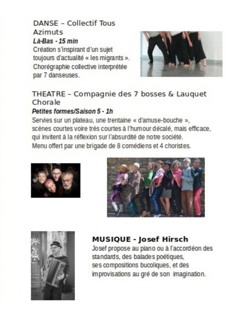 Soirée gourmande Théâtre - Danse - Musique, organisée par la Compagnie des 7 Bosses samedi 21 janvier à 20h au foyer... Demandez l'programme...
