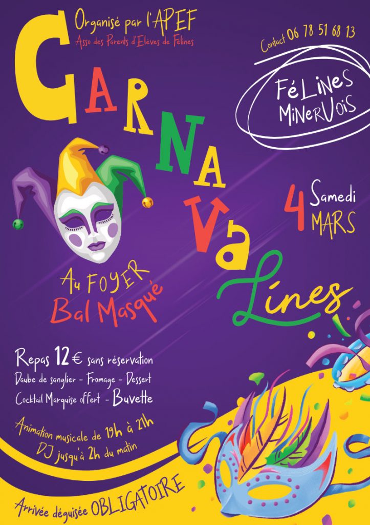"Carnavalines", bal masqué organisé par l'APEF, samedi 4 mars à partir de 18h