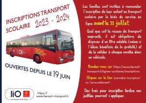 Les inscriptions ou renouvellements pour les transports scolaires 2023 - 2024 sont ouvertes en ligne du 19 juin au 31 juillet 2023 sur le site d'Hérault Transport