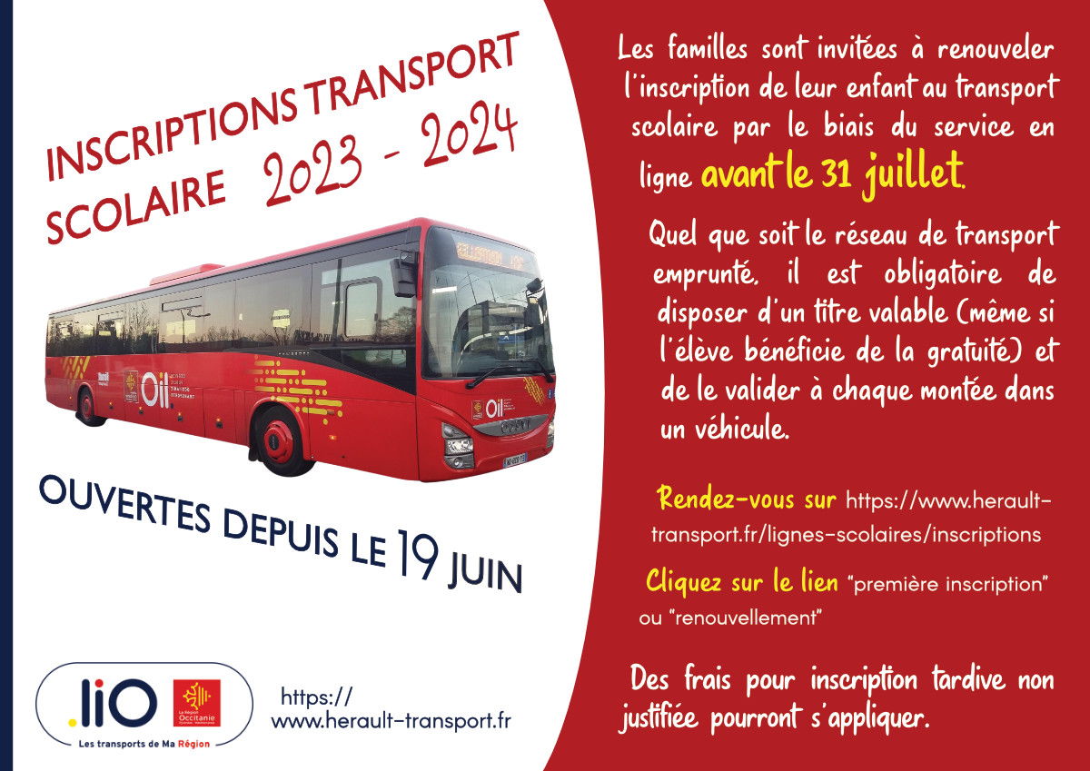 Les inscriptions ou renouvellements pour les transports scolaires 2023 - 2024 sont ouvertes en ligne du 19 juin au 31 juillet 2023 sur le site d'Hérault Transport