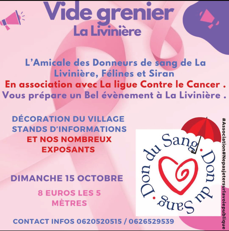 La Livinière - DIMANCHE 15 OCTOBRE - Vide-greniers organisé par l'Amicale des Donneurs de Sang dans le cadre d'" Octobre Rose " et animations