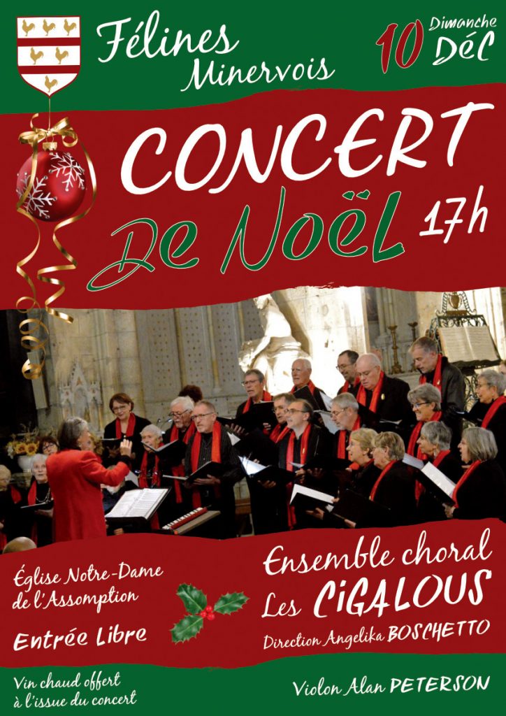 Concert de Noël, DIMANCHE 10 DÉCEMBRE 2023 à 17h en l'église Notre-Dame de l'Assomption, avec l'ensemble choral LES CIGALOUS de Cruzy