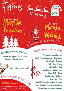 Marché de Noël et marché de producteurs, artisans et associations de Félines SAMEDI 2 DÉCEMBRE 2023 de 10h à 17h au foyer et place Séguy
