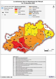 Carte de situation des niveaux de sècheresse dans notre département de l'Hérault en date du 18 décembre 2023