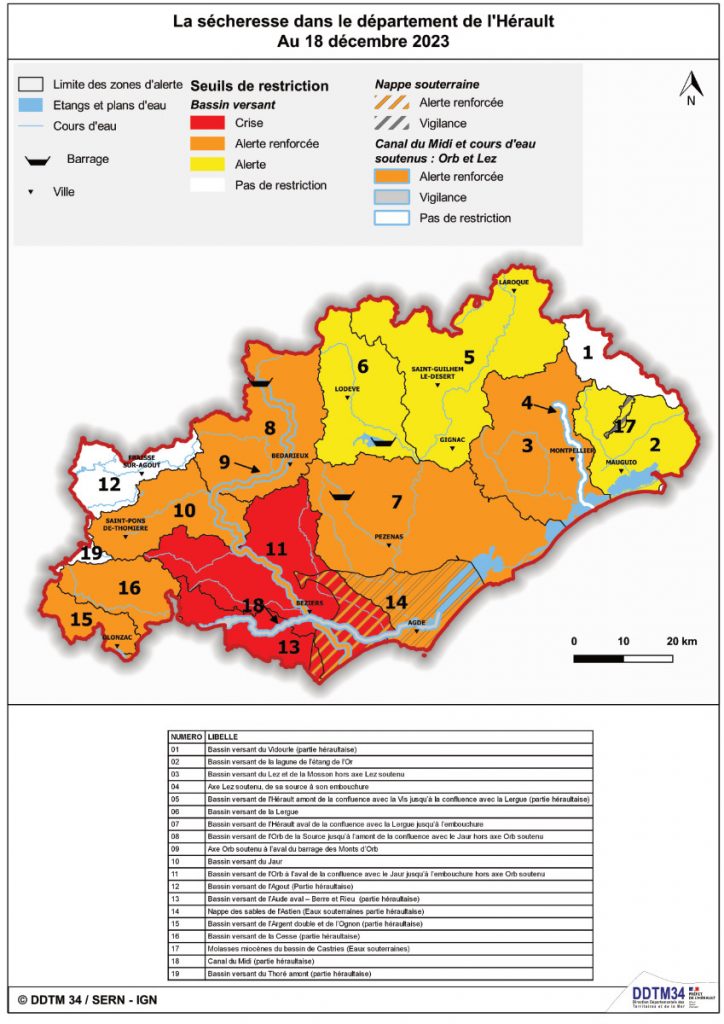Carte de situation des niveaux de sècheresse dans notre département de l'Hérault