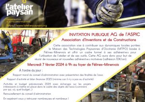 L'ASPIC (Association d'Inventions et de Constructions) vous invite à son assemblée générale annuelle MERCREDI 7 AVRIL 2024 à 9h au foyer de Félines-Minervois.