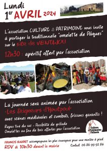 L'association Culture et Patrimoine Félinois vous invite à partager l'omelette pascale lundi 1er AVRIL 2024 sur le site de Ventajou.