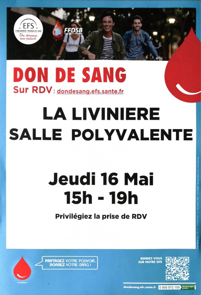 Collecte de sang JEUDI 16 MAI 2024 à La Livinière de 15h à 19h salle polyvalente
